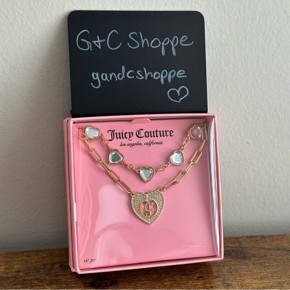 New Juicy Couture Gold Color 2 Pc Necklace Chain JC Hearts Clear Sparkly Shiny - Picture 1 of 3